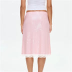 Glam Sparkle Pink Sequin Midi Skirt With Sheer Mesh Lining And Lace Trim Hem