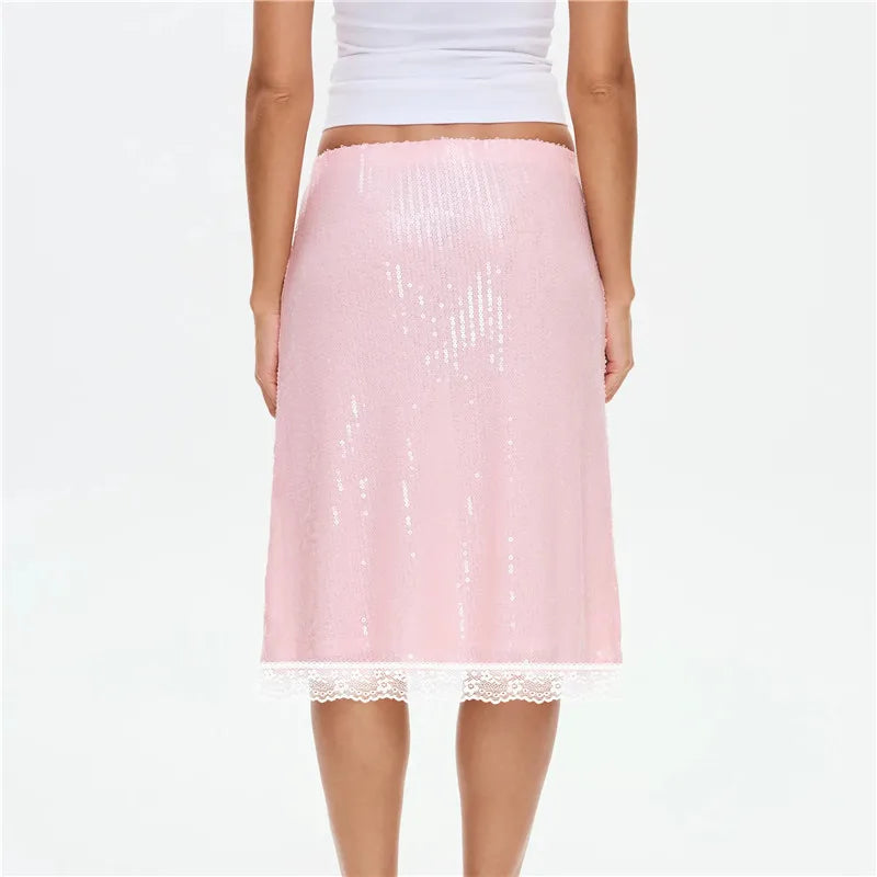 Glam Sparkle Pink Sequin Midi Skirt With Sheer Mesh Lining And Lace Trim Hem