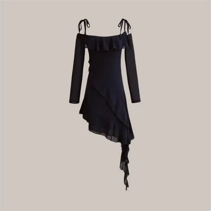 French Vintage Flounce Strap Dress with Irregular Bottom Hem Ribbon