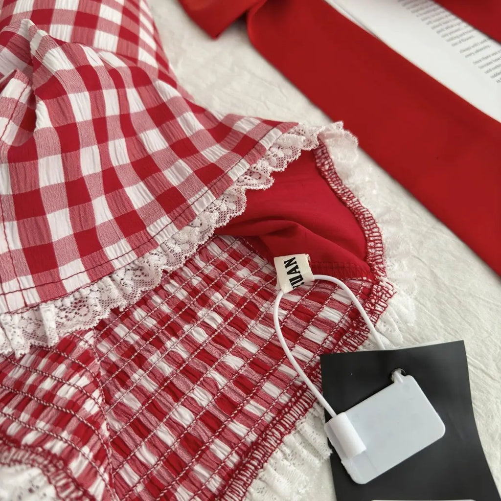 Halter Neck Bow Plaid Crop Top With Shirred Back For Women Cute Fashion Blouse