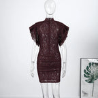 Lace Sheer Party Dress With Pleated Patchwork And Flutter Sleeves For Elegant Evenings
