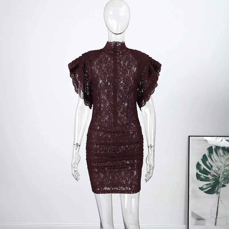 Lace Sheer Party Dress With Pleated Patchwork And Flutter Sleeves For Elegant Evenings