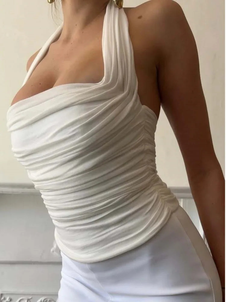 Ruched Halter Backless Top Double Layer