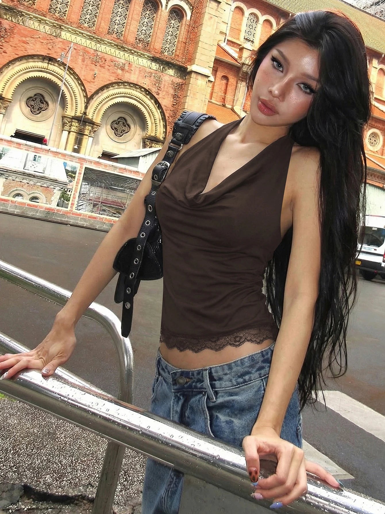 Backless Halter Knit Tank With Lace Up Details And Swing Collar