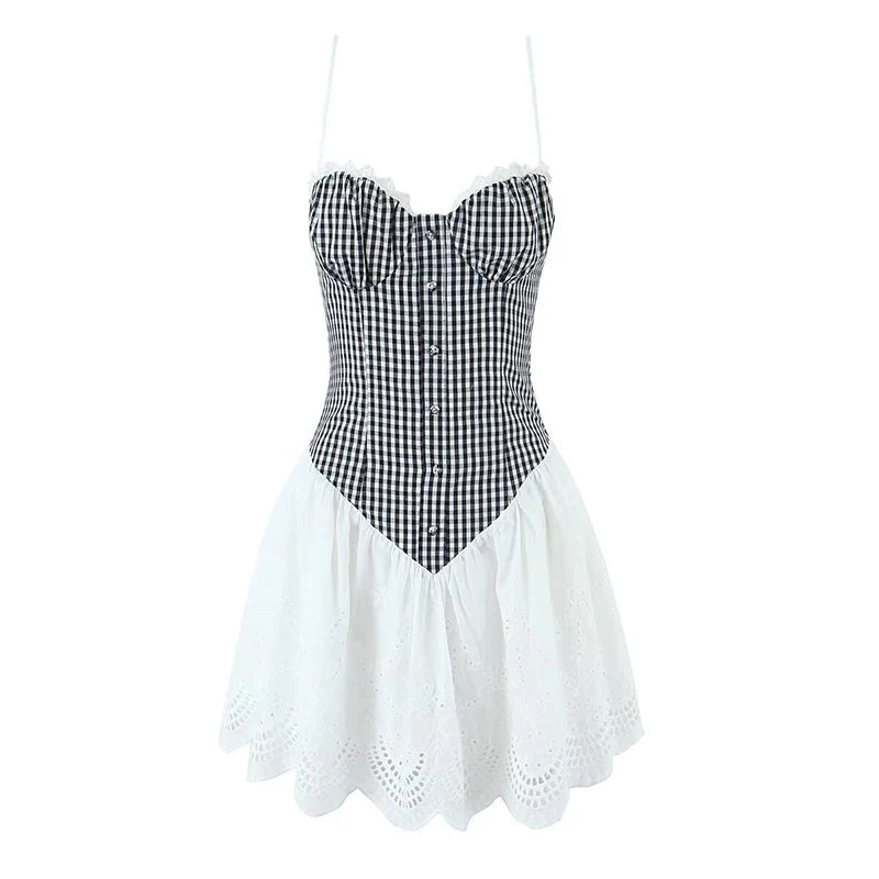 Sexy Women Plaid Spliced Sling Mini Summer Dress Lacing Up Bandage Back A-line Cotton Dress