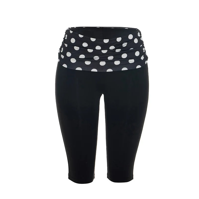 Patchwork Polka Dot Print Two Piece Set With Backless Halter Crop Top And Pleated Waist Capri Pants