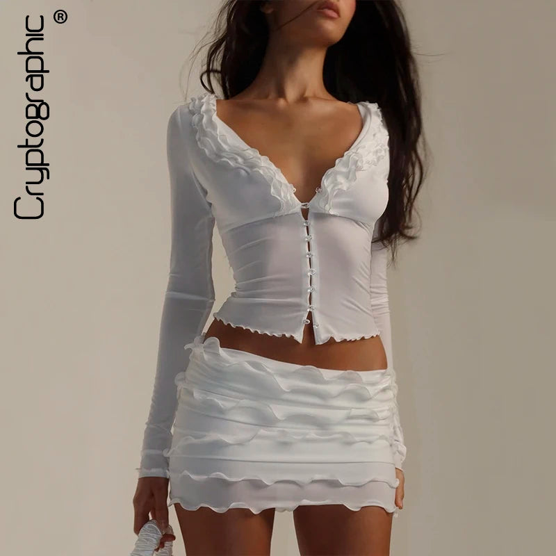 Elegant White Coords Set With Ruffled Trim Skirt And Long Sleeve Top