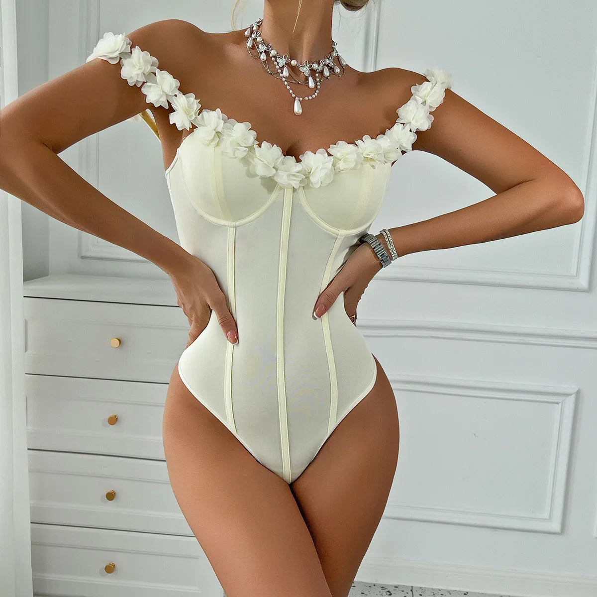 Bold Yellow Lace Bodysuit With 3D Flowers Off Shoulder Ruffles And Sheer Corset Detail