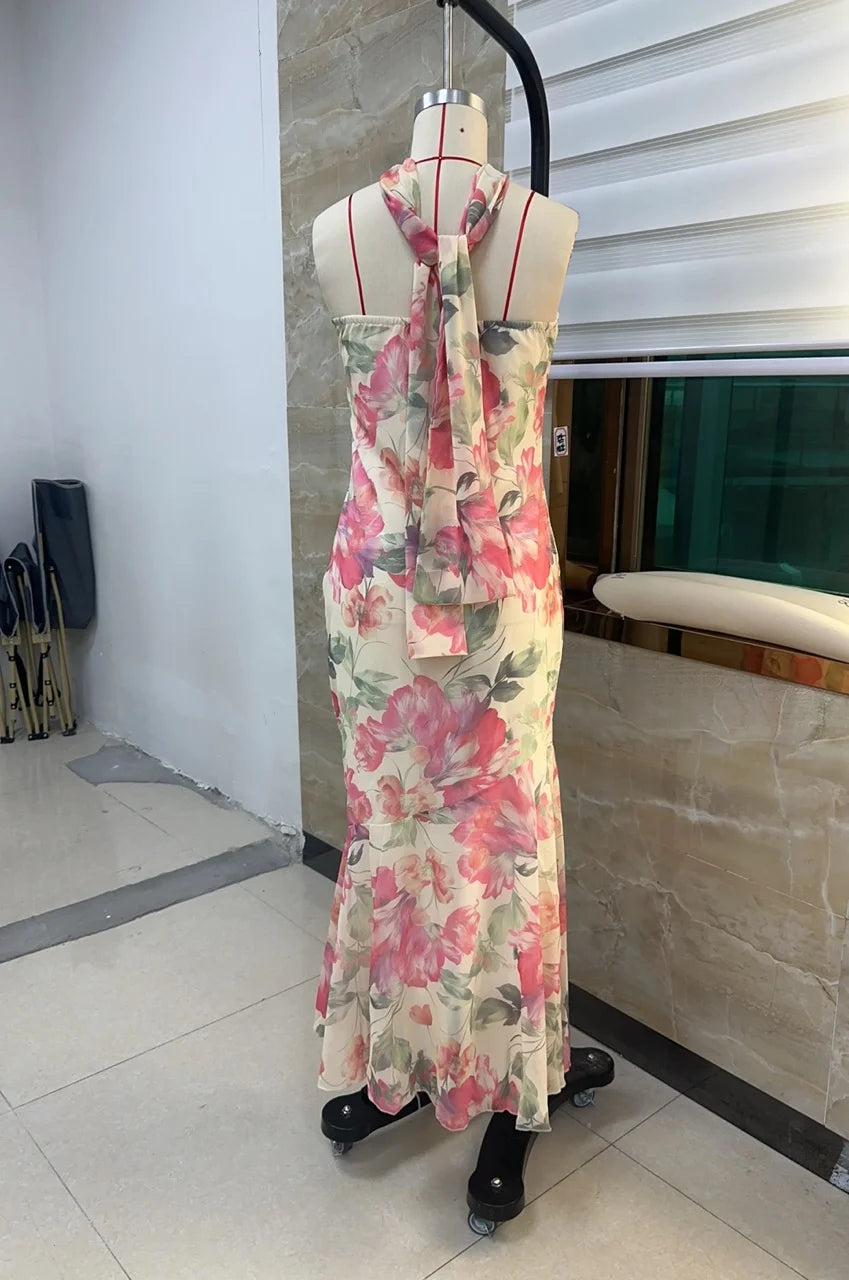 Floral Tube Maxi Dress With Scarf Strapless Backless Mesh Bodycon Sundress