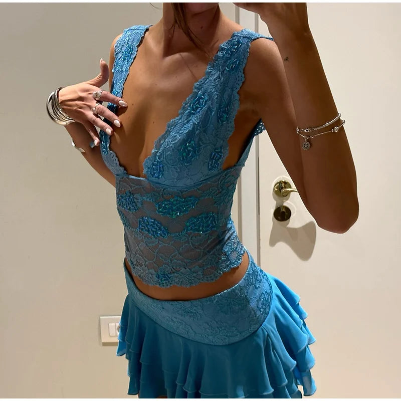 Sequin V-Neck Lace Top Ruffle Skirt Set Slim Fit Sleeveless Sheer