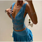 Sequin V-Neck Lace Top Ruffle Skirt Set Slim Fit Sleeveless Sheer