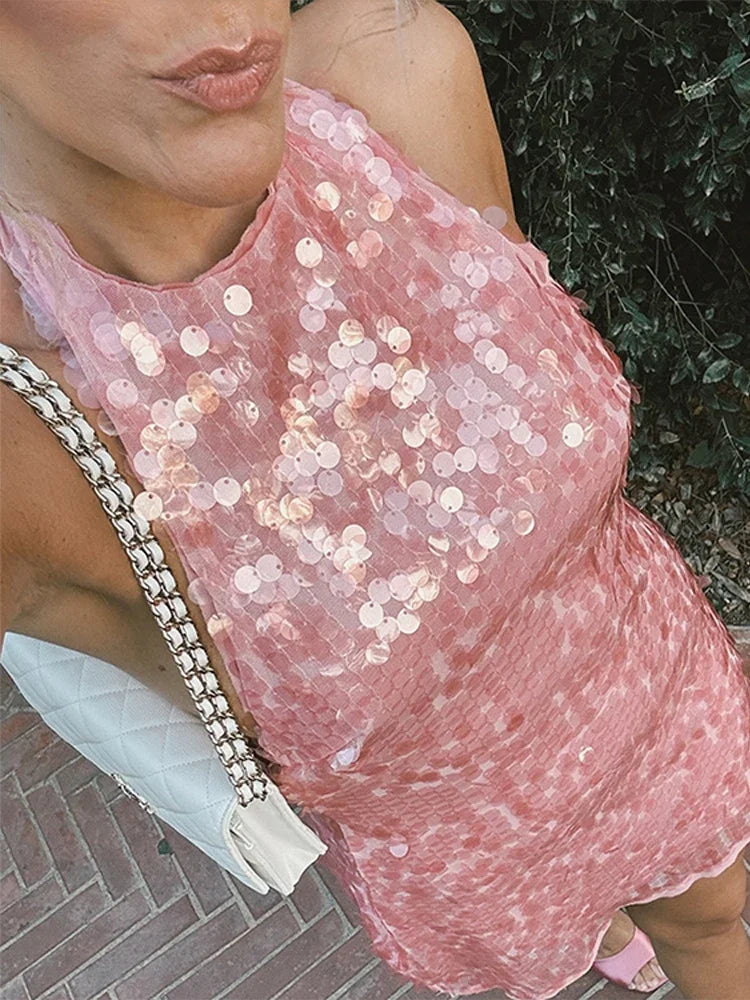 Glam Sequin Halter Mini Dress Backless Party Gown
