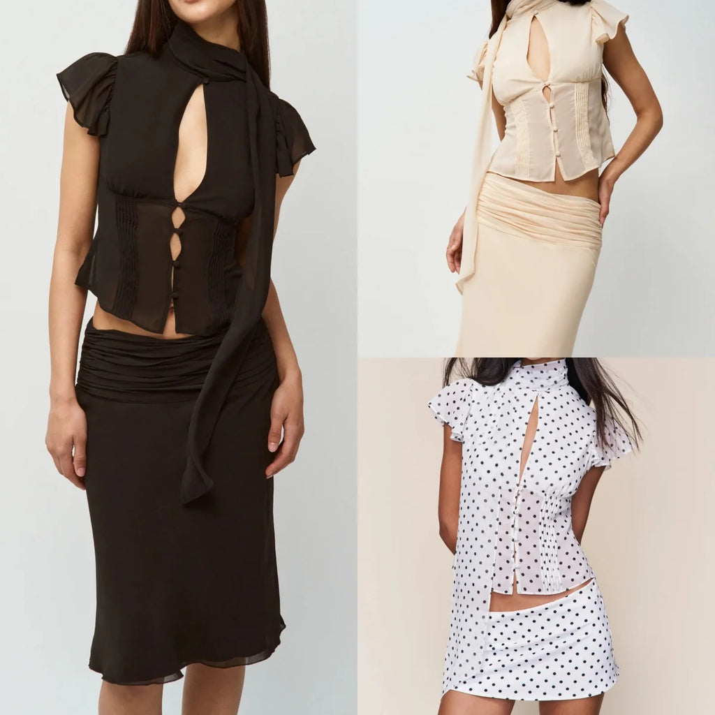 Sheer French-Style Chiffon Shirt with Ribbon Stand Collar Hollow-Out Front Placket Buttoned Waist-Cinching Short Top with Small Flutter Sleeves