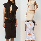 Sheer French-Style Chiffon Shirt with Ribbon Stand Collar Hollow-Out Front Placket Buttoned Waist-Cinching Short Top with Small Flutter Sleeves