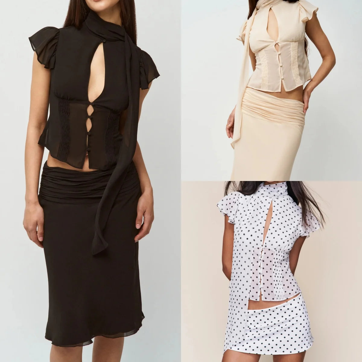 Sheer French-Style Chiffon Shirt with Ribbon Stand Collar Hollow-Out Front Placket Buttoned Waist-Cinching Short Top with Small Flutter Sleeves