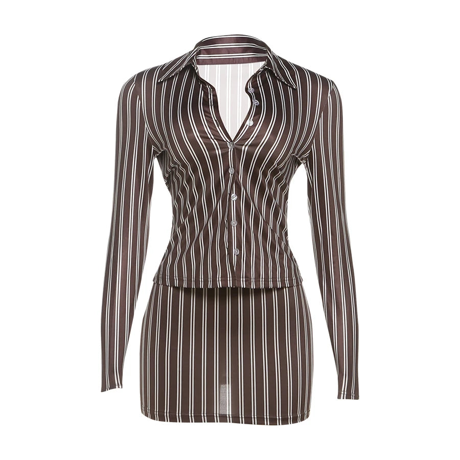Stripe Print two piece Set With Crop Blouse And Hip Skirt