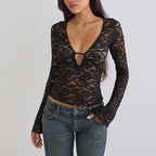 V-Neck Long Sleeve Lace See Through Slim Fit Shirt women’s