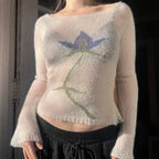 Vintage Floral Cottage Knit Crop Top With Sheer Mesh Detail