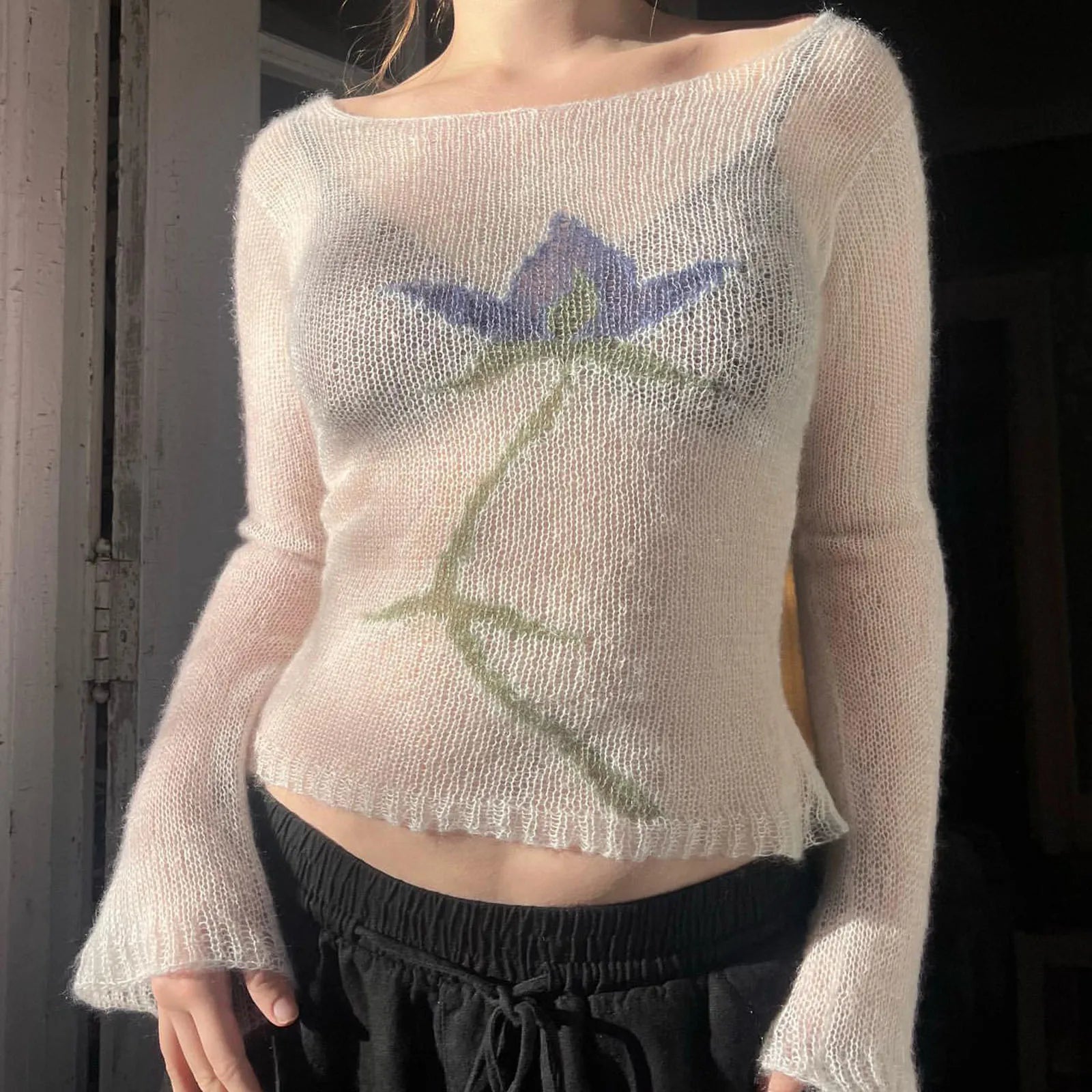 Vintage Floral Cottage Knit Crop Top With Sheer Mesh Detail
