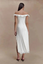 Off Shoulder Ruffle Midi Dress With Front Cutout High Waist Side Split