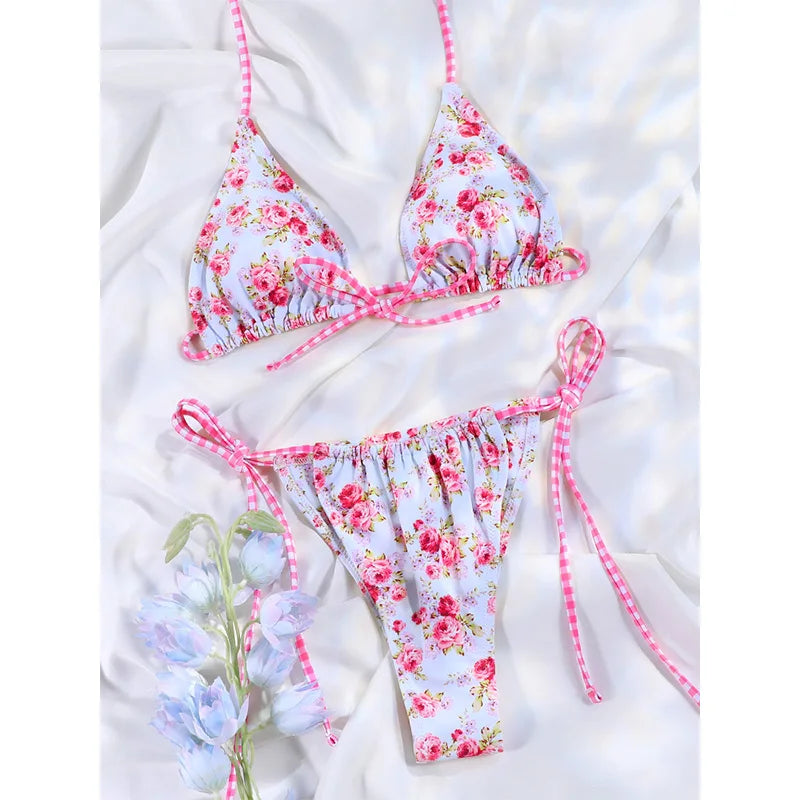 Floral Bow Pink Bikini Swimsuit For Women Low Waist Bandage Beachwear Chic Summer Bathing Suit