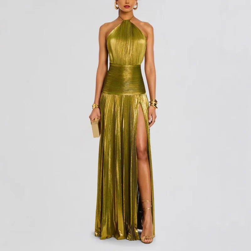 Off Shoulder Corset Halter Evening Gown With Slit