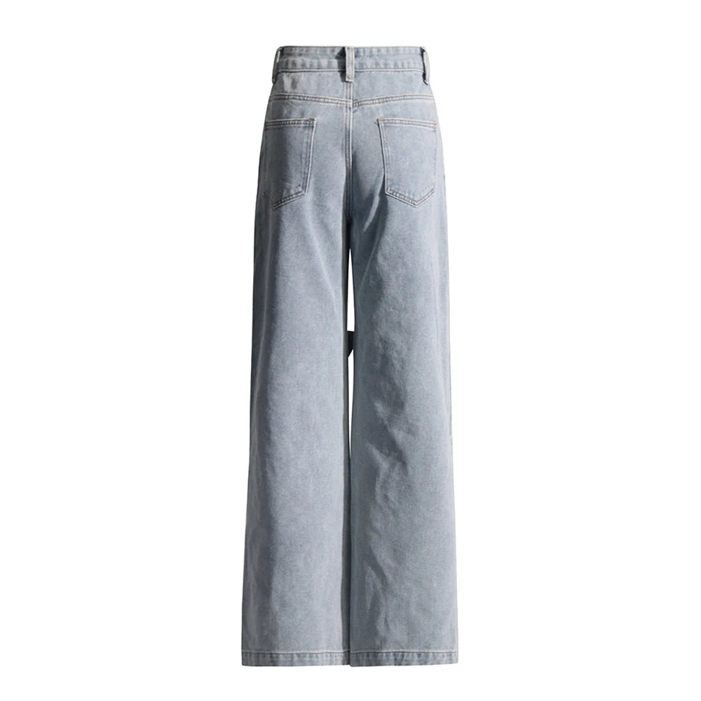 Floral Design Sense Casual Denim Trousers For Women High Waist Spliced Button  Loose Wide Leg Pants