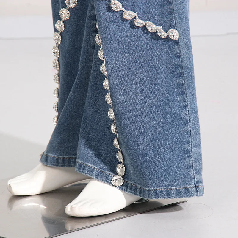 Glimmering Rhinestone Patchwork Denim With Loop Detail For A Chic Straight Leg Silhouette