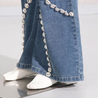Glimmering Rhinestone Patchwork Denim With Loop Detail For A Chic Straight Leg Silhouette