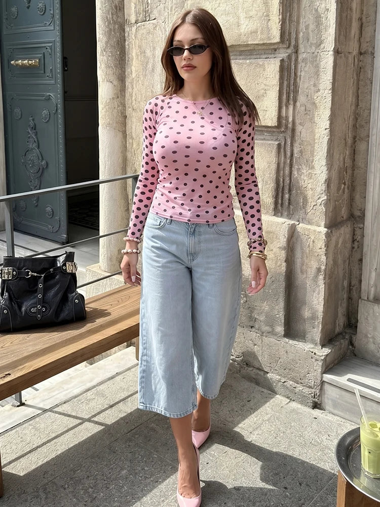 Blush Pink Polka Dot Lightweight Long Sleeve Tee O Neck Top
