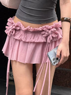 Sweet 2-Piece Set Women Halter Backless 3D Decoration Top+Folds Tassel Elastic Waist Skirt