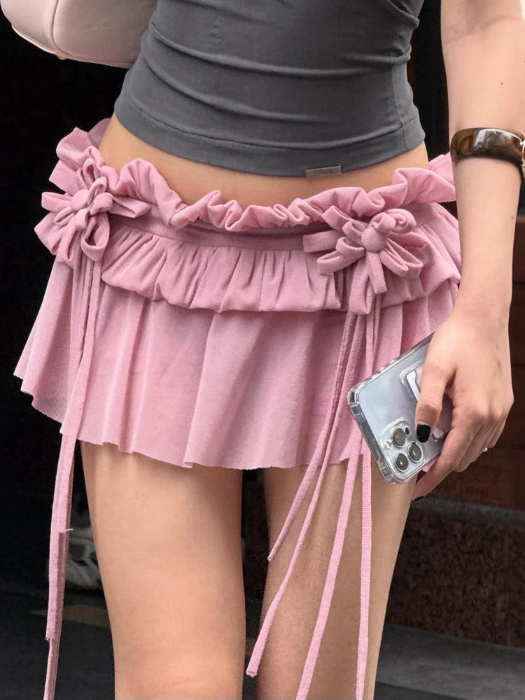 Sweet 2-Piece Set Women Halter Backless 3D Decoration Top+Folds Tassel Elastic Waist Skirt