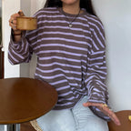 Vintage Luxe Relaxed Striped Tunic Top For Women Long Sleeve Round Neck