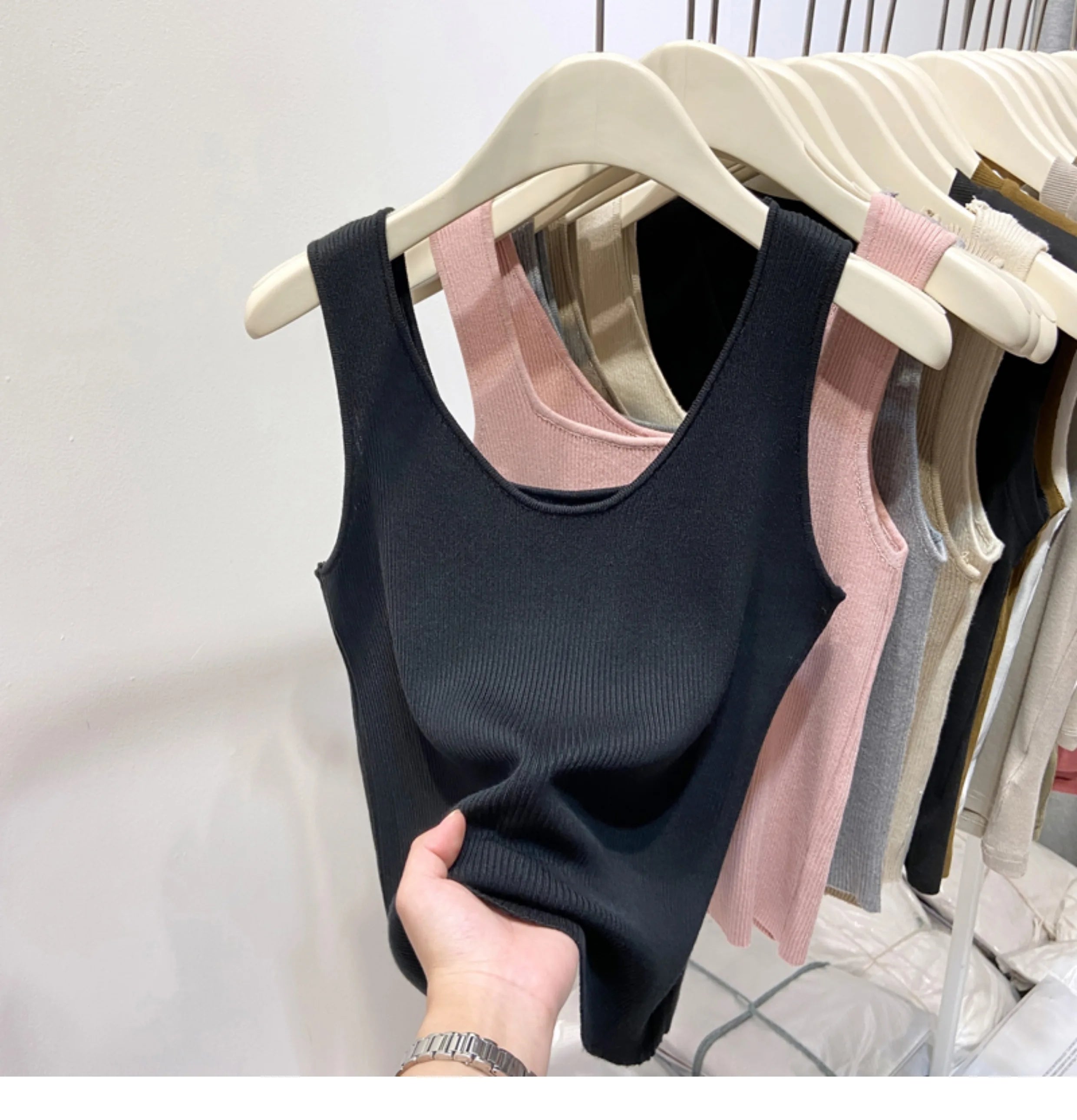 Knitted Strap Top With Clavicle Square Collar
