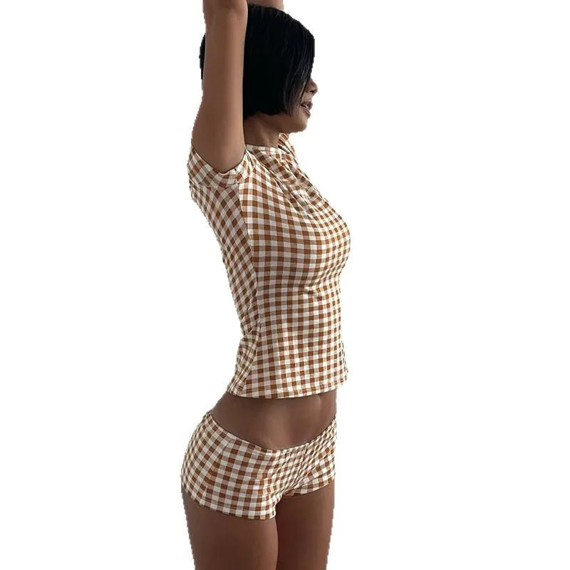Summer Plaid Short Sleeve Pajama Set