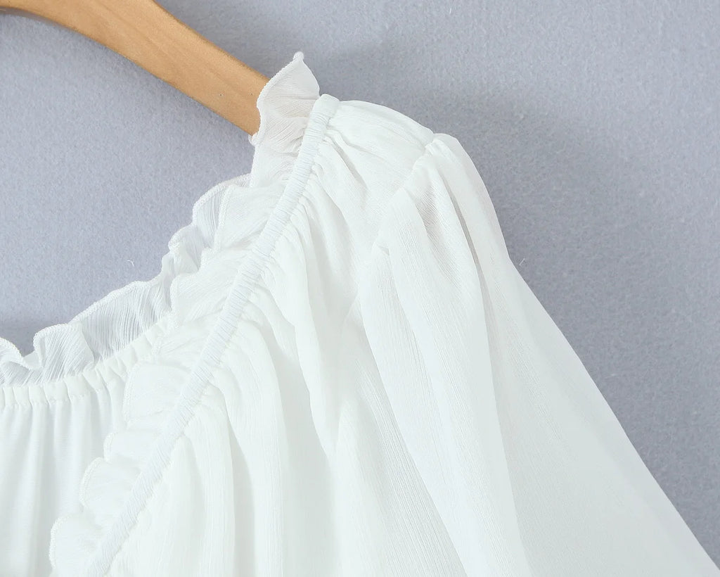 Sunlit Vintage Puff Sleeve V Neck White Chiffon Crop Top Blouse