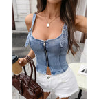 Sexy Denim Zip Up Tank Top Sexy Low Collar Slim Fit Short Jean Vest Strap Backless