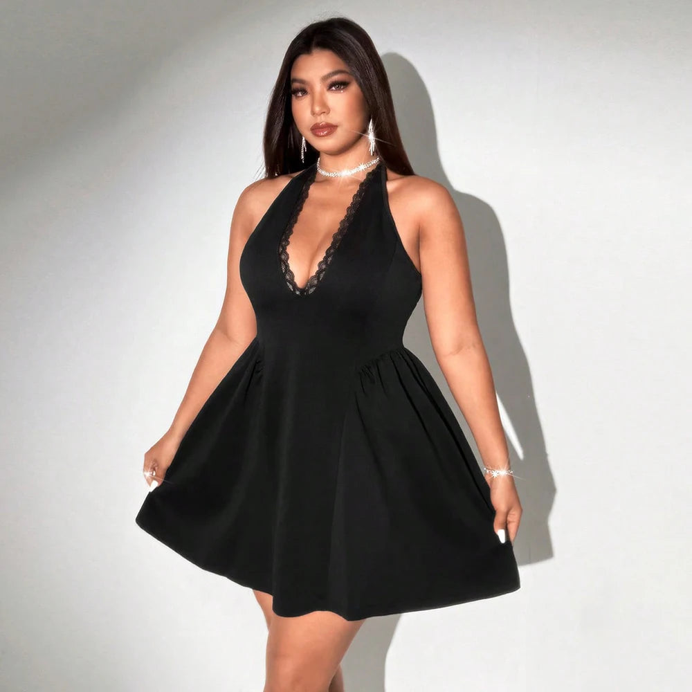 Plus Size Lace Trim V Neck Sleeveless Puff Evening Dress