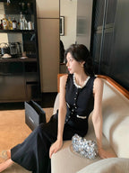 Floral Pearl Knit Maxi Dress Sleeveless O-Neck With Pleated Details
