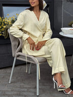Breezy Linen Kimono Two-piece Set With Lace Up Top And Wide Leg Pants