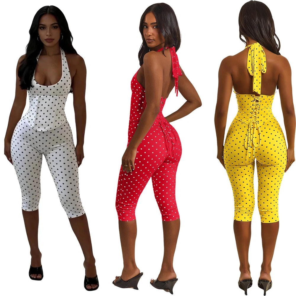 Cute Dots Design Halter Jumpsuit With Zipper Backless Sleeveless