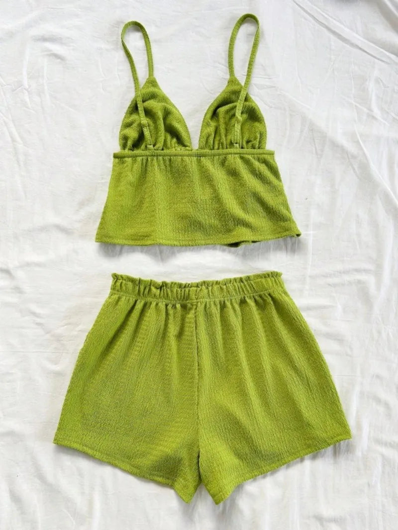 Verdant Cami Set With Drawstring Top And Elastic Waist Shorts In Soft Knit Fabric