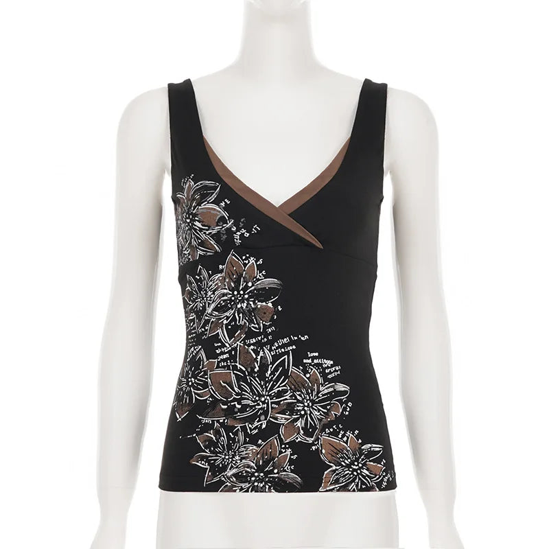 Retro Vintage Floral Camisole With Bold Color Block Strappy Design