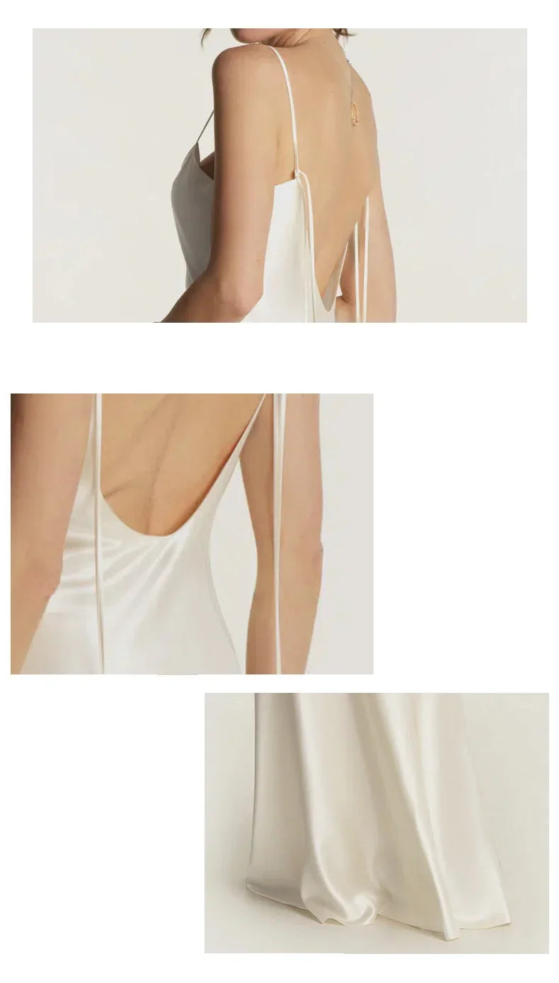 French Real Silk Elegant Women Spaghetti Strap Solid Nightgown