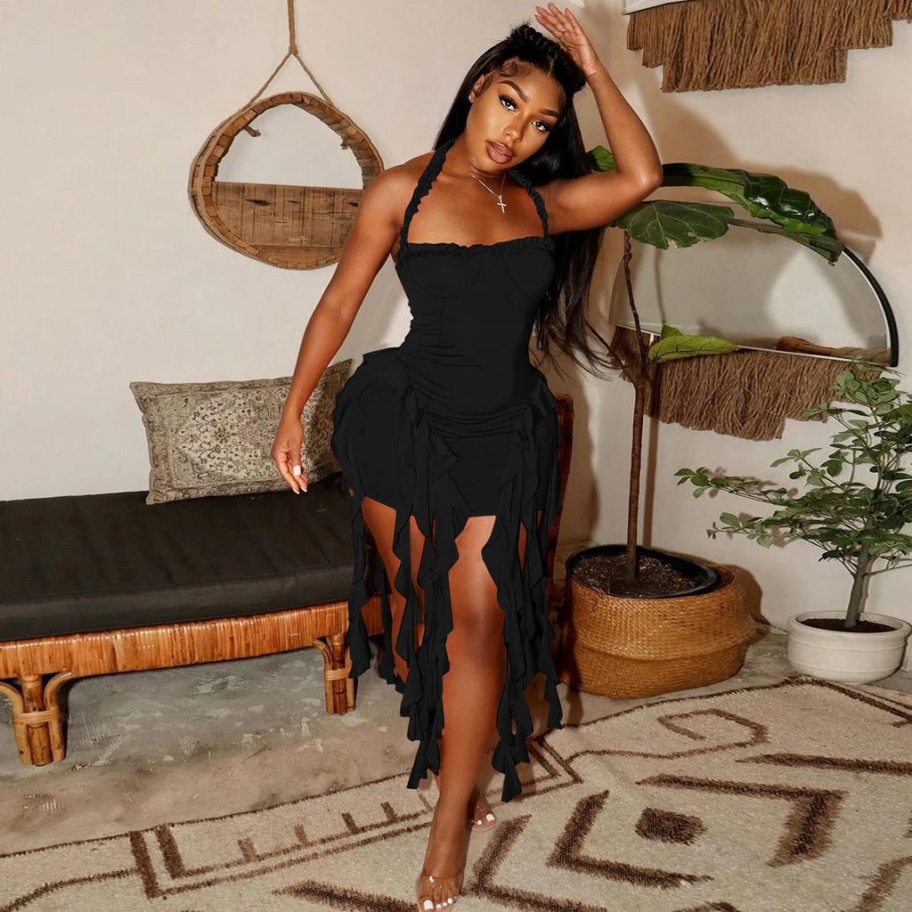 Elegant Halter Backless Ruffles Mini Dress Slim Fit With Tassel Detail