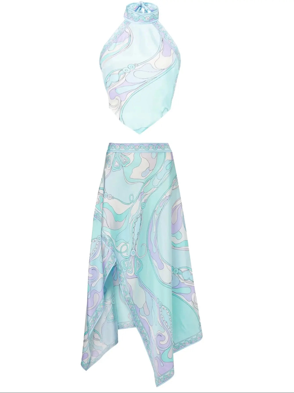 Print Two Piece Beach Set With Sexy Halter Top And High Waist A Line Skirt