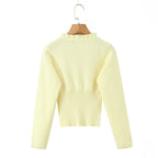 Lacing Up Bow Woodears O neck Open Buttons Through Crop Pointelle Knitted Cardigan Sweater Woman Jumper Knitwear