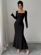 Retro Square Collar Dress With Long Sleeves In Solid Color