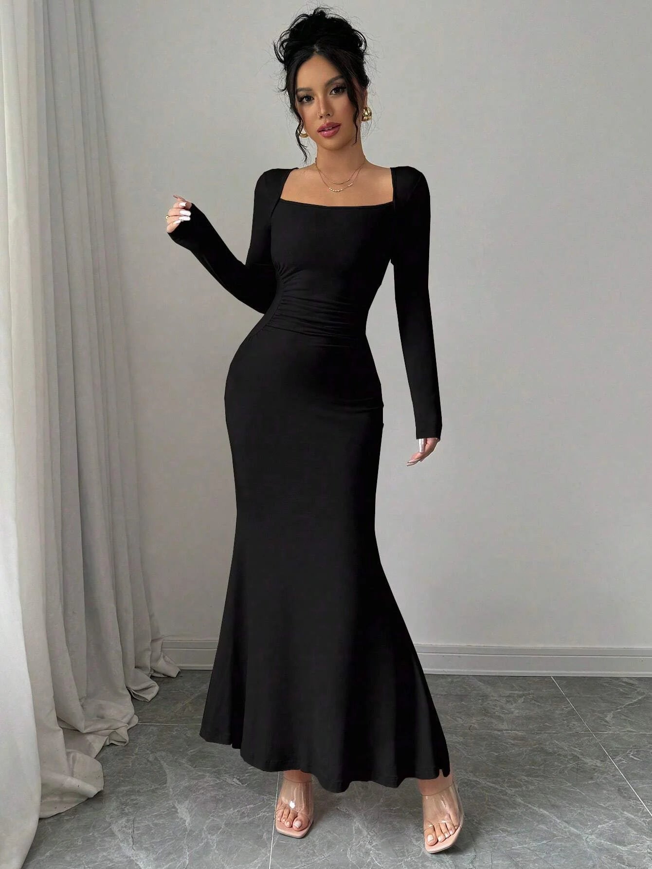 Retro Square Collar Dress With Long Sleeves In Solid Color