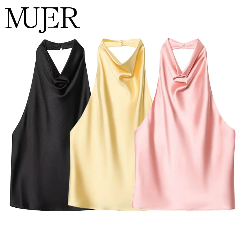 Elegant Satin Backless Halter Top For Women Off Shoulder